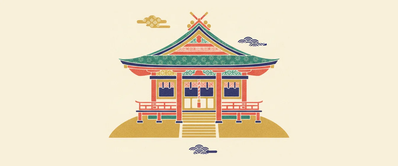 峯の上に建つ社殿を描いた千代紙風の図案(架空の社殿)